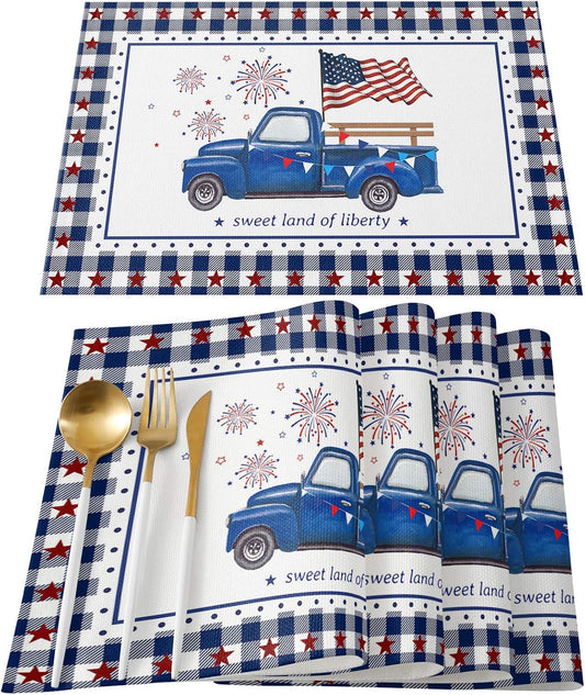 Independence Day Placemats Set of 4,Cotton Linen Heat Resistant Table Mats Washable July 4Th Red Blue Check Plaid Blue Truck Firework Placemat for Holiday Banquet Party Dining Kitchen Table Decor