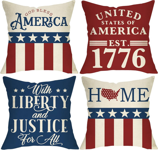 4Th of July American Patriotic Decorative Throw Pillow Cover 18X18 Set of 4, USA Star Stripe God Bless America United States Est.1776 Cushion Case for Home Decor with Liberty and Justice for All