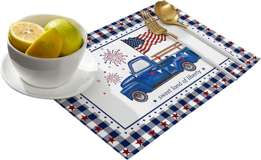 Independence Day Placemats Set of 4,Cotton Linen Heat Resistant Table Mats Washable July 4Th Red Blue Check Plaid Blue Truck Firework Placemat for Holiday Banquet Party Dining Kitchen Table Decor